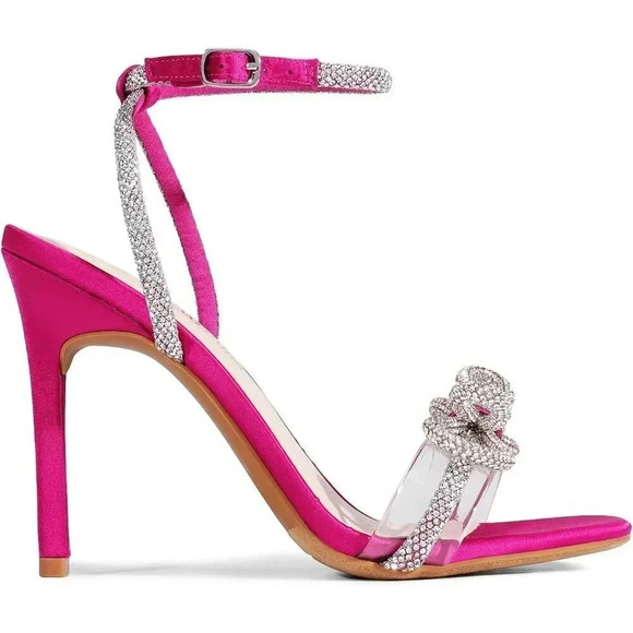 Women's Pink Double Bowknots Crystal Sandals Clear  Slingback Heels - Picture 3 of 7
